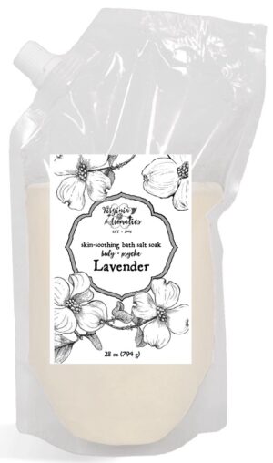 Virginia Aromatics bath salt soak lavender in plastic pouring pouch with a twist-cap.